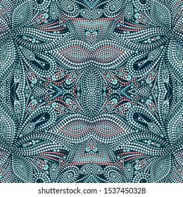 Seamless turquoise dotty pattern . Traditional bright ethnic ornament,. Vector print. Use for wallpaper, pattern fills,textile design.