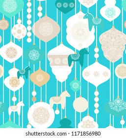 Seamless turquoise - golden - white vector christmas pattern with baubles and swedish dala horses, dalecarlian horses