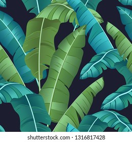 Seamless turquoise and green tropical pattern with banana leaves on black background, flat line vector and illustration 