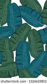 Seamless turquoise and green tropical pattern with banana leaves on white background, flat line vector and illustration.