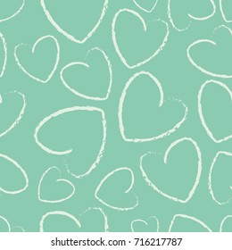 Seamless turquoise grunge hand drawn hearts pattern vector
