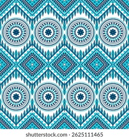 Seamless turquoise and navy ethnic pattern with intricate mandalas and geometric elements on white background. Perfect for textiles, home decor, fashion, and digital designs requiring bohemian.