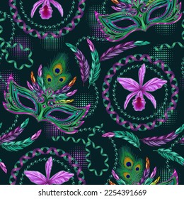 Seamless turquoise pattern with carnival masks, feathers, serpentine ribbons, streamters, pink orchid on dark background. Detailed vintage illustration for prints, apparel, clothing, surface design