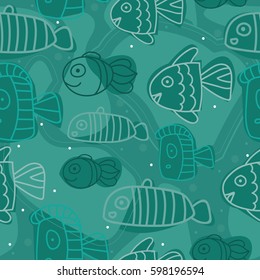 Seamless turquoise pattern with print of abstract fish. Cute background for textile, banner, card