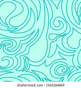 Seamless turquoise texture of spirals and curls in a linear style. Marine pattern in pastel colors. Spiral curls and whirlwind. Blank for design of clothes or packaging.