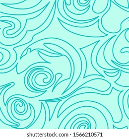 Seamless turquoise texture of spirals and curls in a linear style. Marine pattern in pastel colors. Spiral curls and whirlwind. Blank for design of clothes or packaging.
