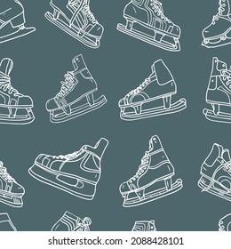 Seamless turquoise vector pattern with retro skates in linear style