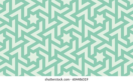 Seamless turquoise vintage islamic hexagonal stars revolving pattern vector