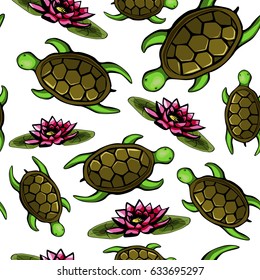 Seamless turtle pattern and water lilies on a white background. Vector illustration