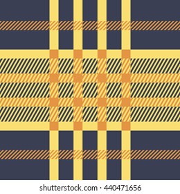 Seamless twill tartan fabric pattern. Plaid yellow, orange, blue palette repeated tartan British pattern. Twill texture Vector illustration.