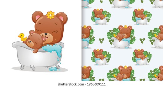 The seamless of the two bear are taking a bath in the bathtub with rubber duck of illustration
