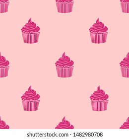 Seamless two color dark pink cup cake flat pattern on bright pink  background,  and connected to each other on the left, right, up, down.