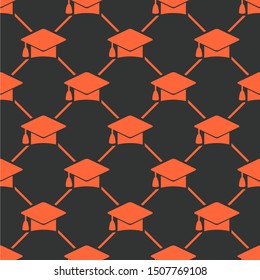 Seamless two color graduation hat icon pattern on light black background. Simple flat vector design for wrapping paper or printing factory.