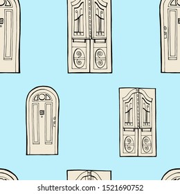 Seamless two color retro door line hand draw pattern. Vector illustration