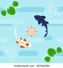 Seamless two koi pattern in flat style, depicting two koi fishes in lotus pond, arranged in semi geometrical style.