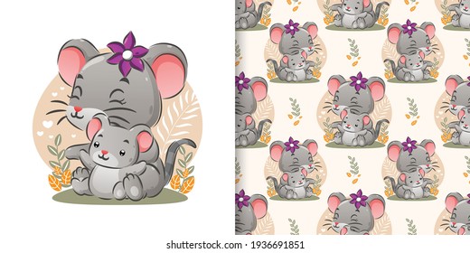 The seamless of two mouses sitting together in the garden with the simple plants of illustration