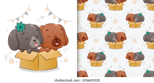 The seamless of two puppies standing of the big box with the happy face of illustration