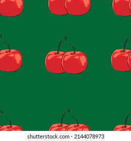 seamless two red cherries on the green background for print on fabric or decoration wall