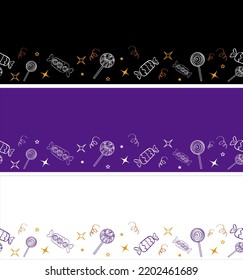 Sin inconvenientes, frontera de dos lados Halloween 3 set banner con estrellas, lollipop y caramelos de estilo dibujado a mano. fondo morado blanco y negro.
Fácil de usar para tarjetas y medios sociales