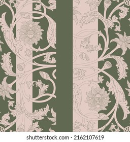 Seamless two tone pattern of ornamental, Indian lotus flowers and stripes in soft pink and olive green