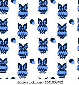 Seamless two-color pattern with cute owls. Blue and cyan colors. Vector background.