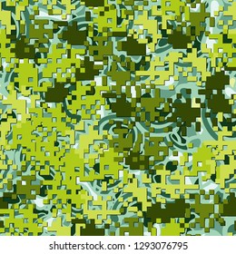 Seamless two-layer camouflage. The front layer is pixel.
The background consists of curved smooth spots. Easy to edit.