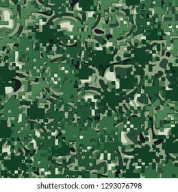 Seamless two-layer camouflage. The front layer is pixel.
The background consists of curved smooth spots. Easy to edit.