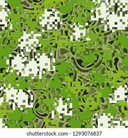 Seamless two-layer camouflage. The front layer is pixel.
The background consists of curved smooth spots. Easy to edit.