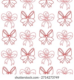 Patrón de contorno de dos tonos sin costuras con elegantes lazos mullidos atados. La textura gráfica roja y rosa en forma de líneas es perfecta para decorar papel de regalo, tela festiva, invitaciones o festivos