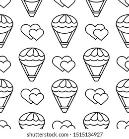Seamless two-tone pattern with balloon flight and hearts. Flat illustration on white background