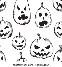 Seamless two-tone pattern with creepy halloween pumpkins Jack-o'-lantern.
