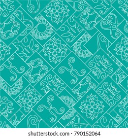 Seamless two-tone pattern with ornamental elements framed by white stripes. Vector Illustration