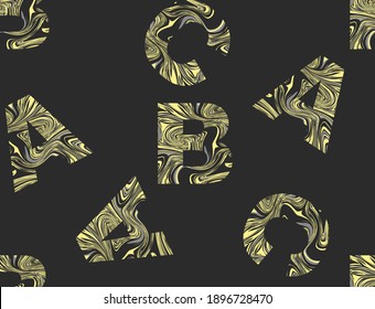 Seamless typograhy patterns. Letters A, B, C are painted with yellow and gray acrylic paints on a dark background. Trendy design of fabrics, textiles, wrapping paper. Vector.
