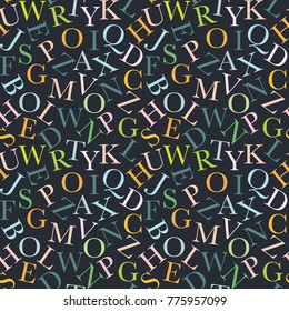Seamless typography pattern. Vector alphabet backdrop. 
Dark background and colorful letters. Wrapping, textile, kid's design.
