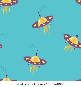 Seamless UFO pattern. Flying Saucers wrapping paper. Cosmos vector background in flat style. Symbol of Unknown Flying Object. Alien space ship. Futuristic cartoon element.