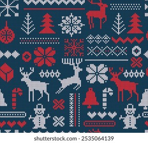 Suéter feo sin costuras. Navidades, patrón de feliz año Nuevo de Navidad. Diseño de punto rojo, azul, blanco. Adornos escandinavos de patrón de fondo de punto sin costuras de Vector de punto de estilo plano.