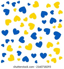 Seamless Ukraine pattern with blue and yellow simple hearts of different size on white background. Pray for Ukraine concept. Vector illustration.