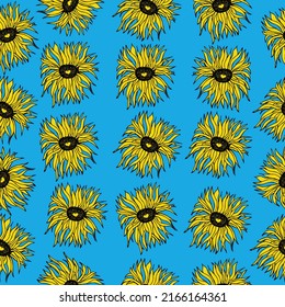 Seamless Ukraine pattern with cute doodle hand drawn sunflowers. Blue and yellow outline background. Ukrainian design concept for fashion textile print. Vector illustration.