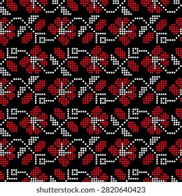 Seamless Ukrainian dotted pattern featuring an allover repeating composition built from dots arranged into rhythmic floral and geometric motifs. The illustration is inspired by traditional Vyshyvanka embroidery, reinterpreted through a delicate dot-based mosaic technique. Red and white dots form stylized rose clusters and diamond-shaped elements that repeat continuously across a deep black background, creating a bold, high-contrast national symbol commonly associated with Ukraine and its cultural heritage.

The composition is organized as a tileable allover pattern, making it ideal for use as wallpaper, wrapping paper, fabric print, or a repeating background element. Its rounded, dotted construction gives the artwork a distinctive textile and needlework appearance, echoing hand-stitched folk patterns while remaining crisp and clean for digital reproduction. The evenly spaced rows of tiny colored circles create a sense of rhythm typical of authentic ethnic ornamentation.

This fully editable and scalable vector illustration can be resized without any loss of quality, making it suitable for a wide range of creative and commercial projects. It works well for greeting cards, packaging, textile printing, fabric design, apparel decoration, national holiday materials, patriotic branding, book covers, wrapping paper, wallpaper, website backgrounds, and social media graphics celebrating Ukrainian identity.

The clean geometric structure of the dot mosaic technique makes this ornament versatile for both traditional folk-themed designs and modern minimalist compositions. Every element can be recolored, scaled, or rearranged, allowing designers full creative control while preserving the authentic cultural character of the pattern. A striking choice for anyone seeking a bold, culturally rich allover pattern rooted in Ukrainian craft traditions.