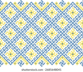 Nahtlose ukrainische Stickerei Ornament Vektor, traditionelle ethnische Muster mit gelben und blauen geometrischen Wirbeln und Solar-Symbole, folkloristische Textil-Design für Hintergründe, Stoff, Kleidung, Tapeten