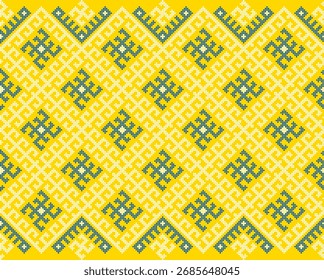 Vetor de ornamento de bordado ucraniano sem costura, padrão étnico tradicional com redemoinhos geométricos amarelos e azuis e símbolos solares, design têxtil popular para fundos, tecido, roupas, papéis de parede