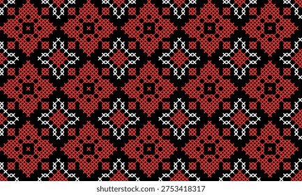 Seamless Ukrainian embroidery pattern with red and black cross stitch ornament on white background. Traditional folk design inspired by vyshyvanka needlework, perfect for textile, fabric, wallpaper, wrapping paper, and decorative projects. Ethnic and geometric motif suitable for craft, handmade, and cultural design applications.