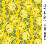Seamless Ukrainian embroidery vector pattern with traditional vyshyvanka floral ornament. Yellow and blue flowers with decorative branches and leaves created from Cross stitches. Ethnic Ukrainian folk textile design inspiyellow by traditional embroidery motifs. Perfect for fabric prints, textile design, wallpaper, wrapping paper, backgrounds and folk decorative patterns.