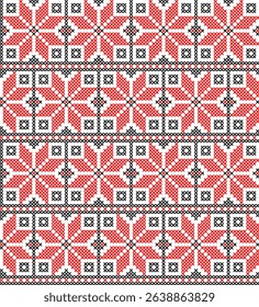Seamless Ukrainian Folk Pattern in Pixel Art Style Geometric Traditional Ornament for Textiles, Wallpapers, and Digital Backgrounds