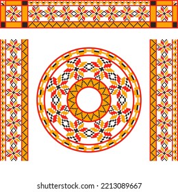 Patrón ucraniano sin foco. Ornamento redondo para plato. Borde de colores como la frontera con la etnia ucraniana