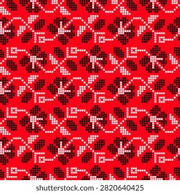 Seamless Ukrainian square pixel pattern featuring an allover repeating composition built from small square pixels arranged into rhythmic floral and geometric motifs. The illustration is inspired by traditional Vyshyvanka embroidery, reinterpreted through a modern mosaic-style pixel grid technique. Black and white pixels form stylized rose clusters and diamond-shaped elements that repeat continuously across a vivid red background, creating a bold, eye-catching national symbol commonly associated with Ukraine and its cultural heritage.

The composition is organized as a tileable allover pattern, making it ideal for use as wallpaper, wrapping paper, fabric print, or a repeating background element. Its pixelated, blocky construction gives the artwork a distinctive textile and needlework appearance, echoing hand-stitched folk patterns while remaining crisp and clean for digital reproduction. The evenly spaced rows of tiny colored tiles create a sense of rhythm typical of authentic ethnic ornamentation.

This fully editable and scalable vector illustration can be resized without any loss of quality, making it suitable for a wide range of creative and commercial projects. It works well for greeting cards, packaging, textile printing, fabric design, apparel decoration, national holiday materials, patriotic branding, book covers, wrapping paper, wallpaper, website backgrounds, and social media graphics celebrating Ukrainian identity.

The clean geometric structure of the pixel mosaic technique makes this ornament versatile for both traditional folk-themed designs and modern minimalist compositions. Every element can be recolored, scaled, or rearranged, allowing designers full creative control while preserving the authentic cultural character of the pattern. A striking choice for anyone seeking a bold, culturally rich allover pattern rooted in Ukrainian craft traditions.