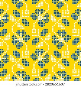 Seamless Ukrainian square pixel pattern featuring an allover repeating composition built from small square pixels arranged into rhythmic floral and geometric motifs. The illustration is inspired by traditional Vyshyvanka embroidery, reinterpreted through a modern mosaic-style pixel grid technique. Blue and white pixels form stylized flower clusters and diamond-shaped elements that repeat continuously across a vivid yellow background, creating a vibrant national symbol commonly associated with Ukraine and its cultural heritage.

The composition is organized as a tileable allover pattern, making it ideal for use as wallpaper, wrapping paper, fabric print, or a repeating background element. Its pixelated, blocky construction gives the artwork a distinctive textile and needlework appearance, echoing hand-stitched folk patterns while remaining crisp and clean for digital reproduction. The evenly spaced rows of tiny colored tiles create a sense of rhythm typical of authentic ethnic ornamentation.

This fully editable and scalable vector illustration can be resized without any loss of quality, making it suitable for a wide range of creative and commercial projects. It works well for greeting cards, packaging, textile printing, fabric design, apparel decoration, national holiday materials, patriotic branding, book covers, wrapping paper, wallpaper, website backgrounds, and social media graphics celebrating Ukrainian identity.

The clean geometric structure of the pixel mosaic technique makes this ornament versatile for both traditional folk-themed designs and modern minimalist compositions. Every element can be recolored, scaled, or rearranged, allowing designers full creative control while preserving the authentic cultural character of the pattern. A vibrant choice for anyone seeking a cheerful, culturally rich allover pattern rooted in Ukrainian craft traditions.