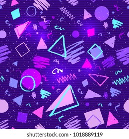 Seamless ultraviolet geometric pattern with grunge elements - triangles, circles, squares and doodles.