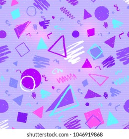 Seamless ultraviolet geometric pattern with grunge elements - triangles, circles, squares and doodles.