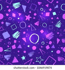 Seamless ultraviolet geometric pattern with grunge elements - triangles, circles, squares and doodles.